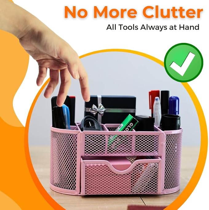 Modern Minimalist 9-Compartment Pink Desk Organizer - Pen Holder with Drawer Tray - Office Supplies Organizer