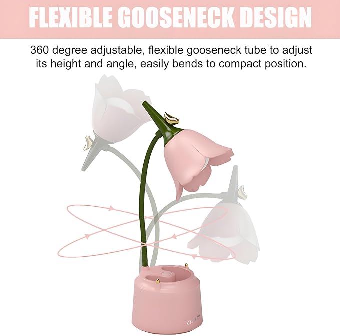 DLHONORV Cute LED Desk Lamp Kawaii Desk Accessories, Flower Bird Table lamp USB Rechargeable, 3 Color Modes, Stepless Dimming, Touch-Sensitive Switch Kawaii Room Decor Lamp, Reading Lamp (Pink)