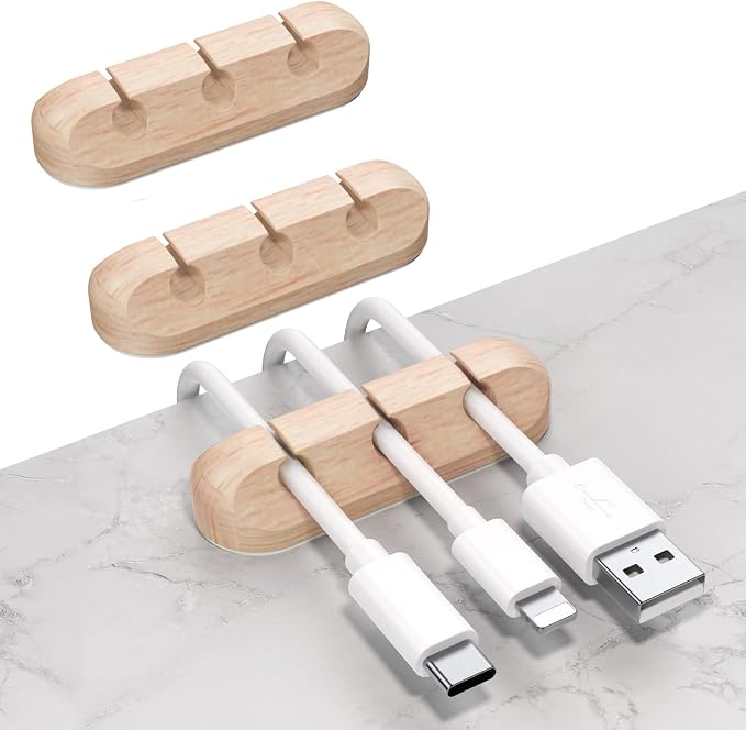 SOULWIT Cable Holder Clips, 3-Pack Cable Management Cord Organizer Clips Silicone Self Adhesive for Desktop USB Charging Cable Nightstand Power Cord Mouse Cable Wire PC Office Home - Wood Grain