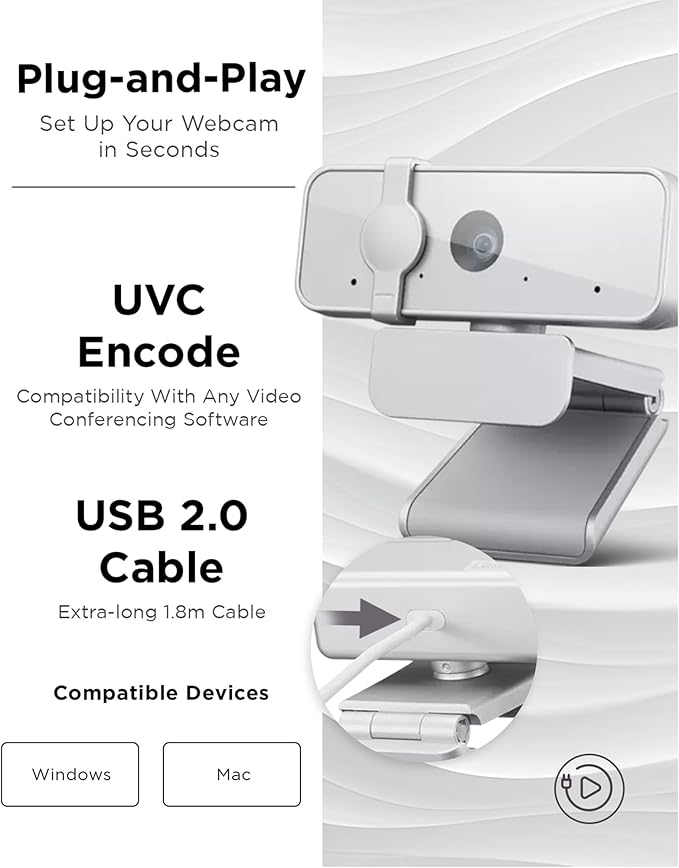 Lenovo HD 1080p Webcam (300 FHD) - Monitor Camera with 95° Wide Angle, 360° Rotation Pan & Tilt, Dual Microphones – Attachable Desktop Cam with Privacy Shutter for Remote Work, Streaming & Gaming