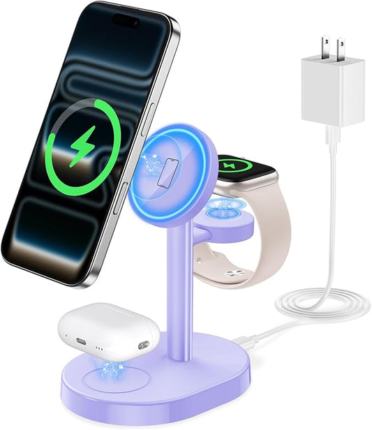 2026 3 in 1 Wireless Charging Station for Apple MagSafe Charger, 15W Fast Magnetic Mag-Safe Charger Stand for iPhone 17 16 15 14 13 12 Apple Watch AirPods Compatible with MagSafe, Purple