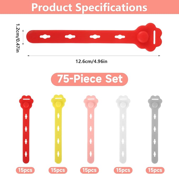 75 Pcs Silicone Cable Ties, Reusable Cable Straps Wire Organizer. | Cable Management Cord Organizer for Fastening Earphone Phone Charger Home Office Desk Kitchen Appliances Cable Cords Wires
