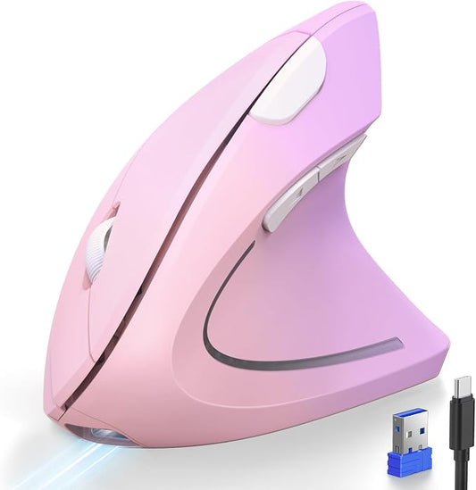 TECKNET Ergonomic Mouse Wireless, Rechargeable Vertical Mice Right Hand | Bluetooth+2.4G, Multi Device, 4800 DPI Adjustable, Optical Carpal Tunnel Mouse for Laptop, PC, Computer, MacBook, Pink Purple