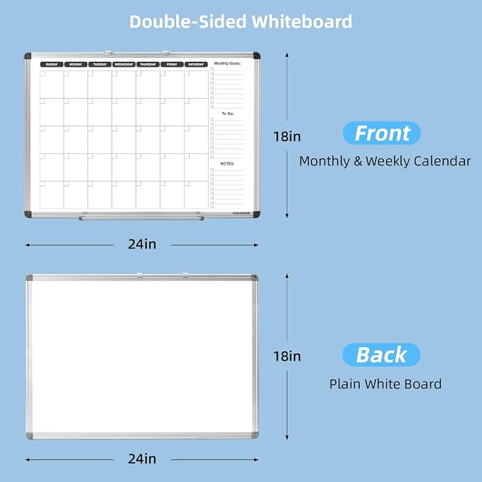 Whiteboard Dry Erase Calendar for wall, Weekly & Monthly Planner Dry Erase Board 24" X 18" Double-Sided for Office, Home and School