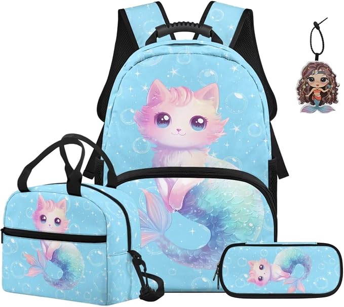 ZFRXIGN Cat Kids Backpack for Girls Bookbag with Cute Pendant 17inch Kindergarten School Bag and Insulated Lunch Box Portable Pencil Case Back to School Supplies