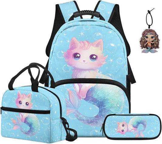 ZFRXIGN Cat Kids Backpack for Girls Bookbag with Cute Pendant 17inch Kindergarten School Bag and Insulated Lunch Box Portable Pencil Case Back to School Supplies