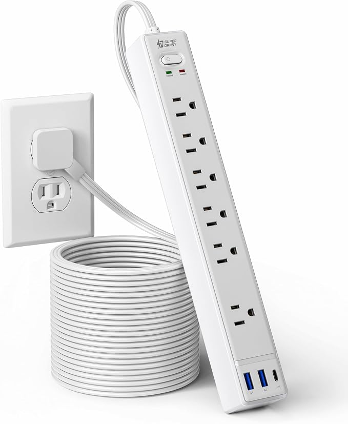 15Ft Long Extension Cord, SUPERDANNY Surge Protector Power Strip with 6 Outlets & 3 USB Ports, Flat Plug Power Strip Wall Mountable, Desk Charging Station for Home Office, College Dorm Room Essentials