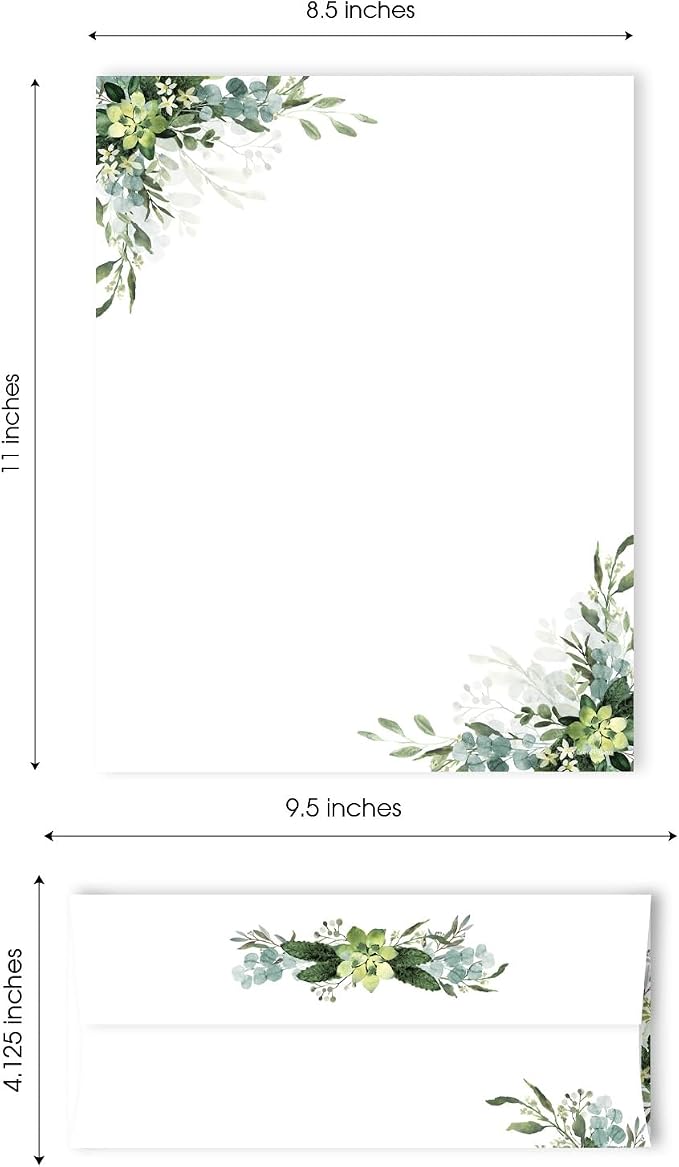 Lush Greenery Letterhead With Envelopes / 40 Decorative Botanical Floral Sheets With Matching Envelopes / 8.5" x 11" Watercolor Foliage Paper/All Occasion Design