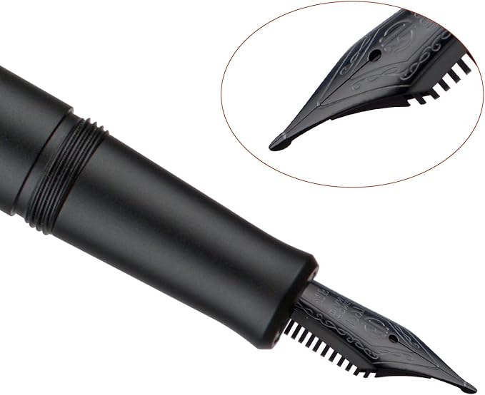 HONG DIAN M2 Black Forest Mini Fountain Pen, Long Blade Nib & Sleek Shape Aluminium Short Pocket Travel Pen (Matte Black)