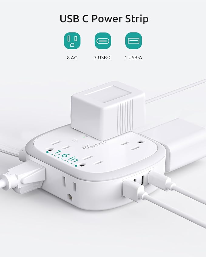 Outlet Cover Extension Cord Long 10ft, NUTICT Flat Plug Power Strip with 8 Outlets & 3 USB-C & 1 USB-A Port, 13A/1625W, 1440J Surge Protector, Indoor 3 Prong Flat Wall Plug for Tight Spaces, White