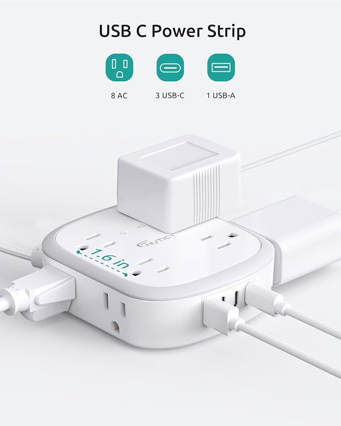 Outlet Cover Extension Cord Flat 15ft, NUTICT Flat Plug Power Strip with 8 Outlets & 3 USB-C & 1 USB-A Port, 13A/1625W, 1440J Surge Protector, Indoor 3 Prong Flat Wall Plug for Tight Spaces, White