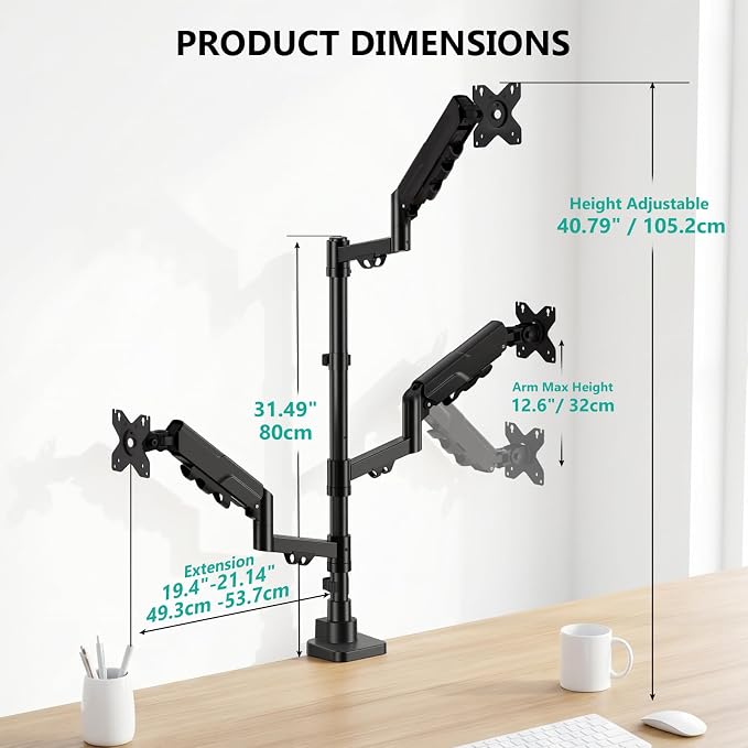 WALI Stacked Triple Monitor Mount for 49" UItrawides and Dual 34" Monitors | Heavy Duty 3 Monitor Arm up to 33 lbs, Full Motion with Tilt, Swivel, Rotation, C-Clamp & Grommet Base, VESA 75/100mm, Black