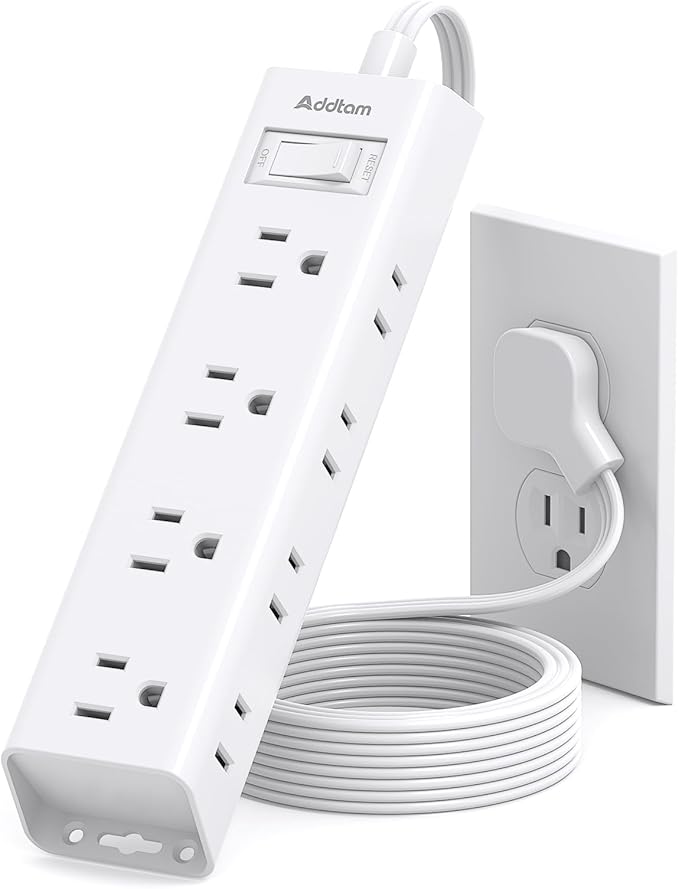 Addtam Flat Plug Extension Cord 20FT, Power Strip Surge Protector with 12 Outlets, 3-Side Wide Spaced Outlet Extender, Wall Mount Desk Charging Station for Home Office Garage Workshop, White