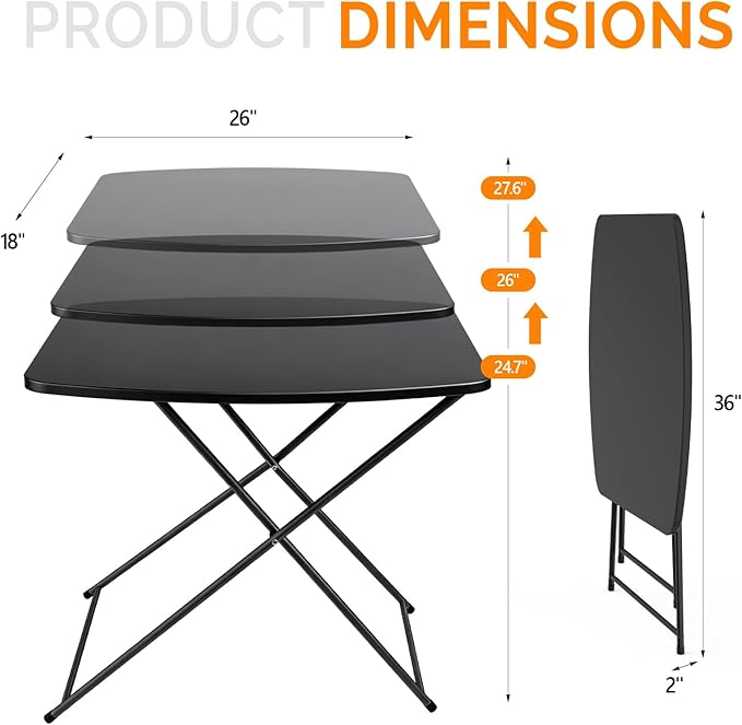 VINGLI Small Folding Table Portable, 18" Adjustable Height Personal Laptop TV Tray, Camping Table, HDPE Plastic Top with Steel Frame,Black