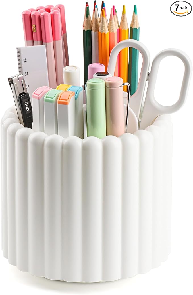 Desk Organizer, 360° Rotating Pen Holder for Desk, Pencil Cup with 7 Compartments Storage Box Caddy for Kids, Office, School, Home (White)