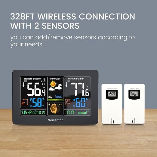 Newentor Weather Station Wireless Indoor Outdoor Thermometer, Black,2Sensor | Color Display Digital Weather Thermometer with Atomic Clock, Barometric Pressure, Forecast Station with Adjustable Backlight