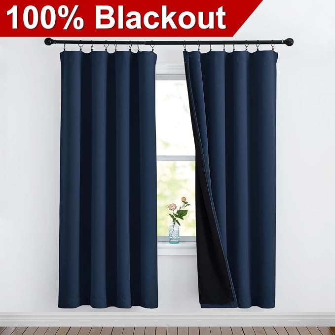 NICETOWN Full Shade Curtain Panels, Pair of Energy Smart & Noise Blocking Out Blackout Drapes for Apartment Window, Thermal Insulated Guest Room Lined Window Dressing(Navy, 52 x 72 inch)
