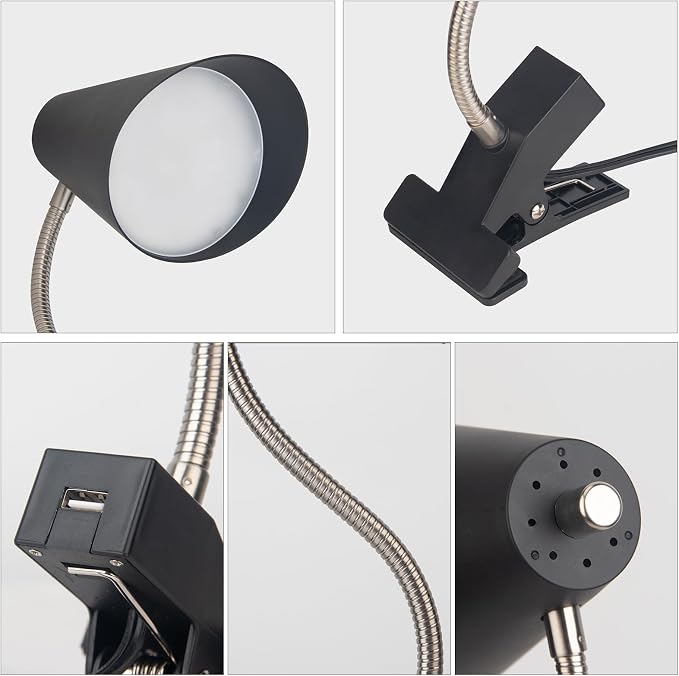 LED Clip on Desk Lamp with 1 USB Charging Port, Portable 360°Rotation Gooseneck Clip on Lamp, Clamp Light Modern Table Lamp for Reading, Working, Studying, Gentle Warm White Light, Eye Protect