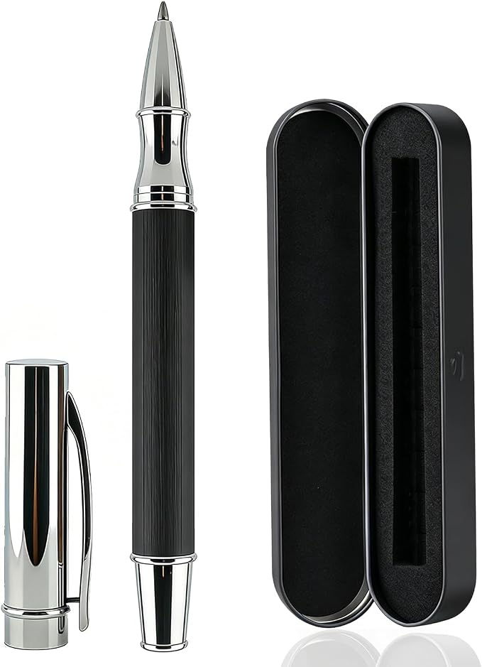 Brushed Metal Black Rollerball Pen - 0.5mm Fine Point Executive Writing Pen for Men & Women, Professional Signature Pen for Business Office & Journaling, Luxury Stationery Gift with Metal Case