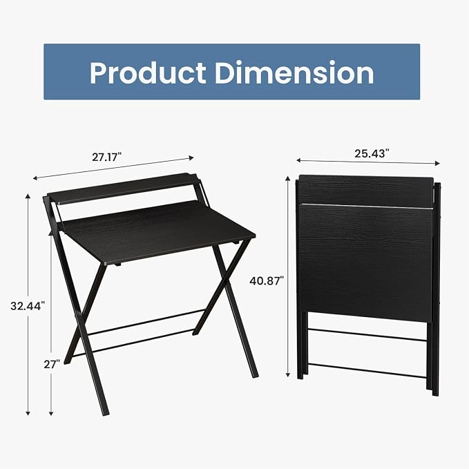 Simple Deluxe No Assembly Folding Desk with Shelf, 2-Tier Compact Computer Table, Space Saving Foldable Table for Home Office, Dorm or Apartment, Portable Collapsible Sturdy Laptop Desk, Black