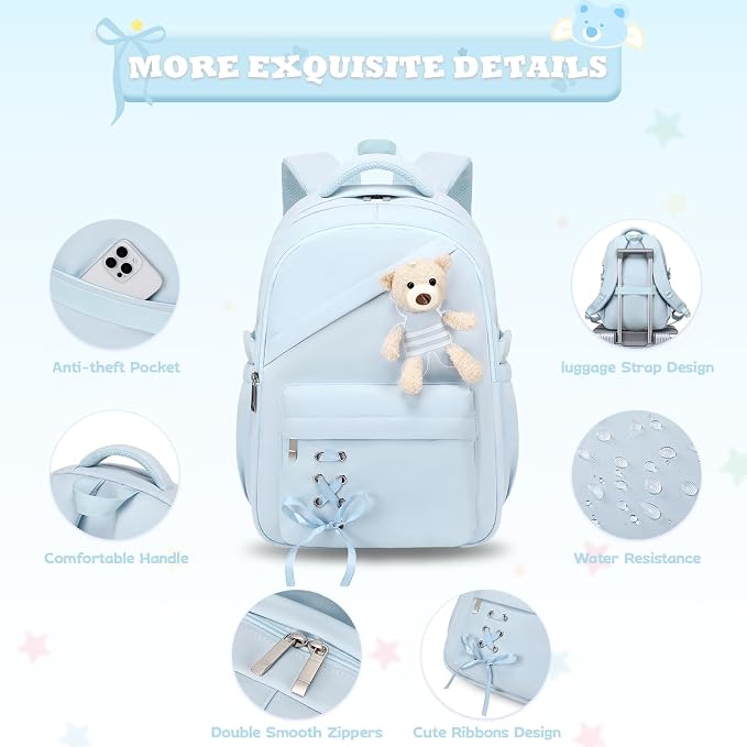 ACESAK Girls Backpack for School Set - 5 PCS Cute Girls Backpack with Lunch Box, Pencil Case, Bento Box & Insulated Water Bottle - Kawaii Casual Kids Bookbag Set Back to School Supplies (Blue)