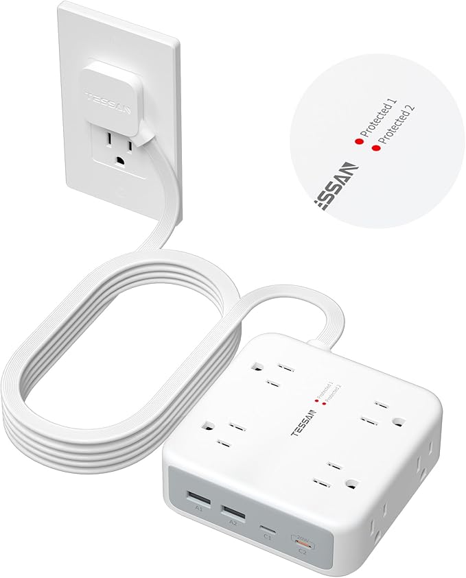 TESSAN Dual Surge Protector Power Strip, 10 Ft Extension Cord Flat Wall Plug with 4 USB (2 USB C) 8 Outlets, 2100J Surge Protection, 20W Multiple Charging Station for Home, Office, Dorm Room, Grey