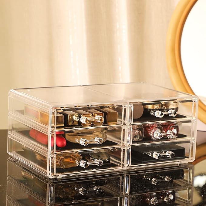 Cq acrylic 1 Pack Clear Acrylic Drawer Organizer Countertop,Stackable 6 Drawers Makeup Storage,Cute Cube Make Up Organizer for Dresser Hair Clip,Beauty Product Desk and Bathroom Organizers and Storage