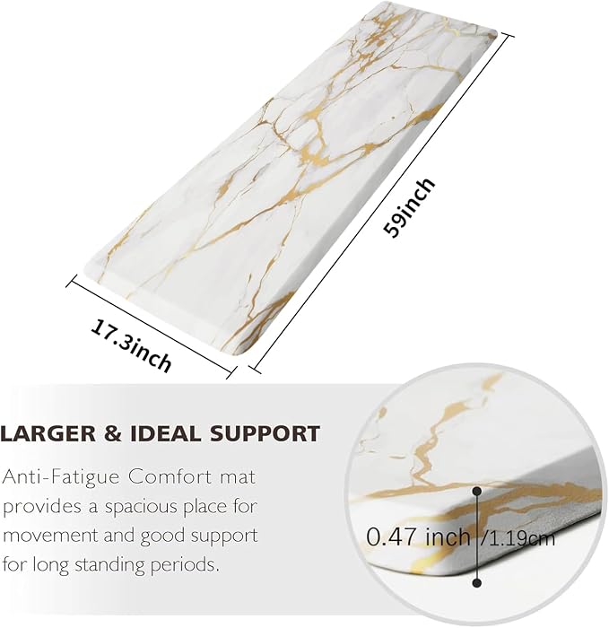 MAYHMYO Kitchen Mats Cushioned Anti Fatigue 0.47" Thick, White and Gold Marble Kitchen Rug Floor Mat, Non Slip Waterproof Modern Comfort Standing Mat for Home, Office, Sink