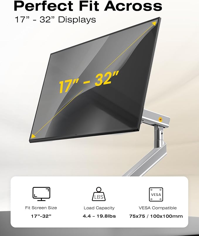 NB SmooVex™ Single Computer Monitor Mount, Monitor Stand fits up to 32 Inch, Mechanical Spring Monitor Arm, VESA 75/100 mm, Model-A5 (Silver)