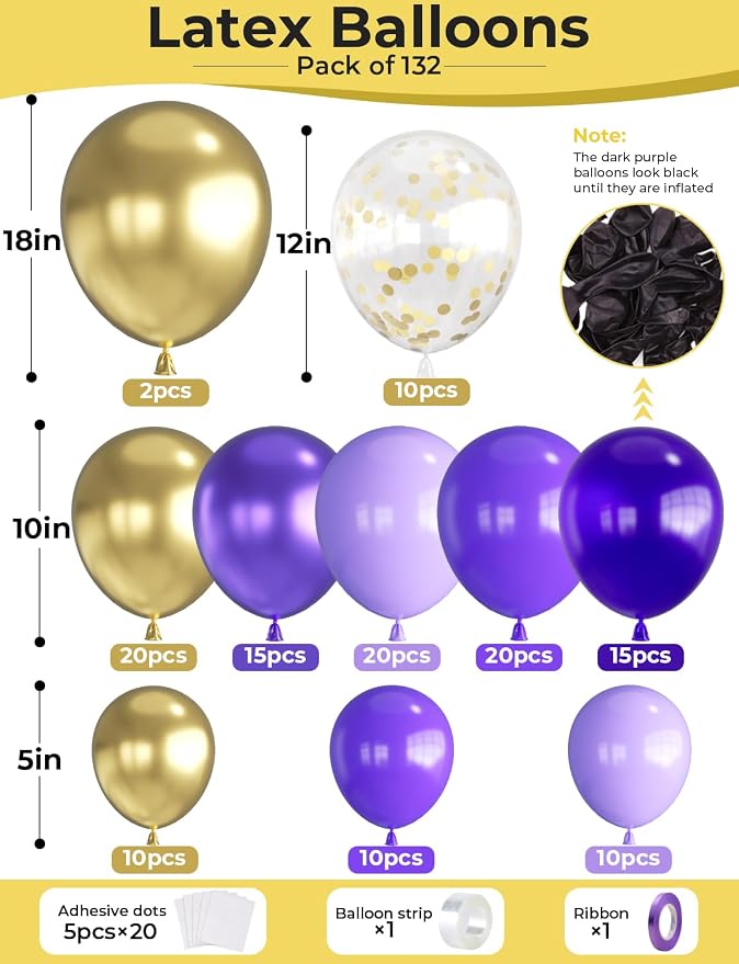 Purple and Gold Balloon Arch Kit, 132Pcs Graduation Balloon Arch Kit, Multi-Size Purple Gold Confetti Balloons, Party Balloons for Graduation Decorations, Bridal Shower, Birthday, Wedding Backdrop