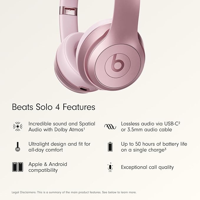 Beats Solo 4 - Wireless On-Ear Bluetooth Headphones, Up to 50-Hour Battery Life, Ultra-Lightweight Comfort, Powerful and Balanced Sound, Apple & Android Compatible - Amazon Exclusive Metallic Pink