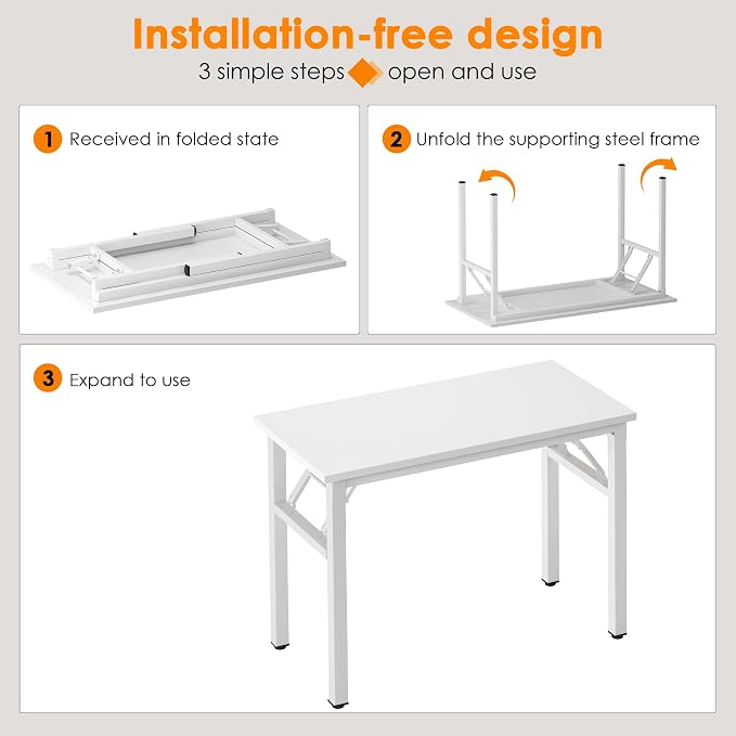 SogesHome Small Foldable Desk for Home Office, 39 Inch Compact Computer Table with Adjustable Leg Pads, No Assembly Needed Folding Writing Conference Desk Gaming Table for Small Spaces, White