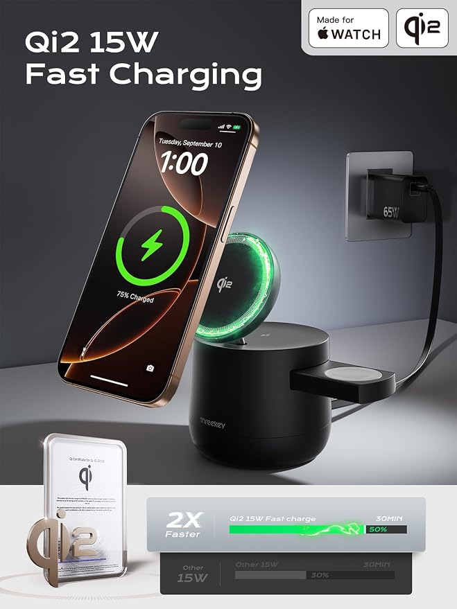 THREEKEY 4 in 1 Qi2 Magnetic Wireless Charging Station, 15W Fast Charger with Made for Apple Watch Charging Module, for iPhone 17–12 Series & AirPods, 65W Adapter Included