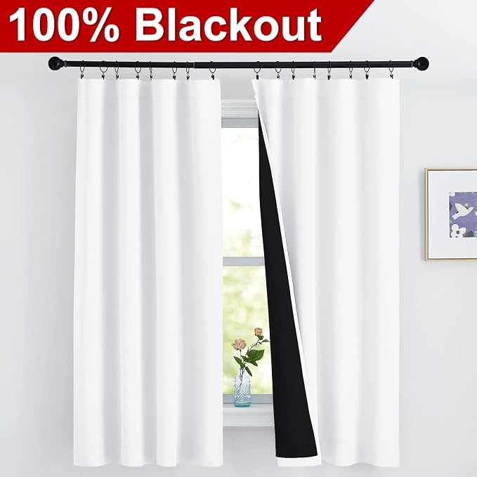 NICETOWN White 100% Blackout Lined Curtains, 2 Thick Layers Completely Blackout Rod Pocket Thermal Insulated Drapes for Kitchen/Bedroom (1 Pair, 42 inches Width x 63 inches Length Each Panel)