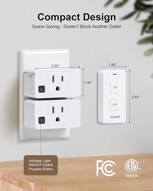 Remote Control Outlet with 2 Remotes, 200FT Long Range Wireless On Off Switch, Mini Electrical Outlet Plug, 15A/1875W High-Power for Lamps, Lights, Household Appliances, ETL & FCC Listed