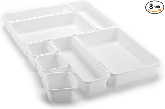 Masirs Interlocking Drawer Organizer Bins - Durable Plastic, Various Sizes for Custom Layout Design. Great for Desk Drawer, Tool Box or Garage Organization. (White | 8-Piece Set)