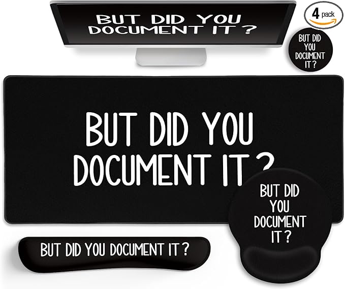 LIMKRIAN Black Mouse Pad Large Desk Mat Set, Funny Mouse Pad with Wrist Rest Keyboard Wrist Support XXL Mousepad Cup Coaster Set, Cute Office Desk Accessories Decor Supplies But Did You Document It