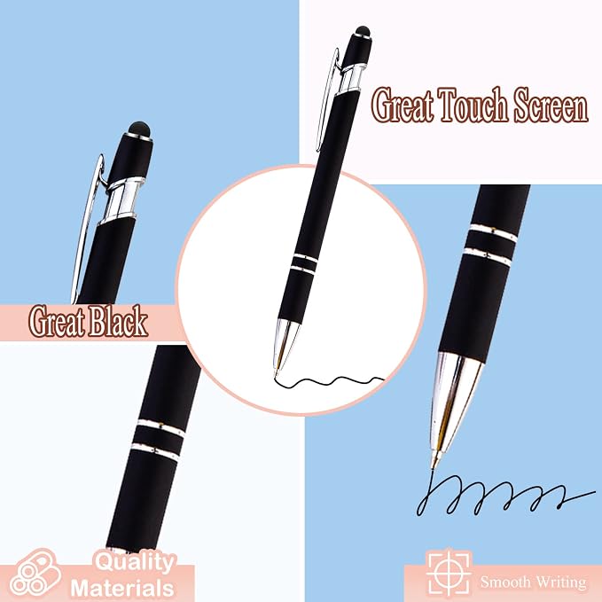 PASISIBICK 12-Piece Black Ballpoint Pen with Stylus Tip, 2 in 1 Stylish Metal Touch Screen Pen - Black Ink, 1.0 mm Medium Point - 5.5 x 0.4 inch / 14 x 1 cm