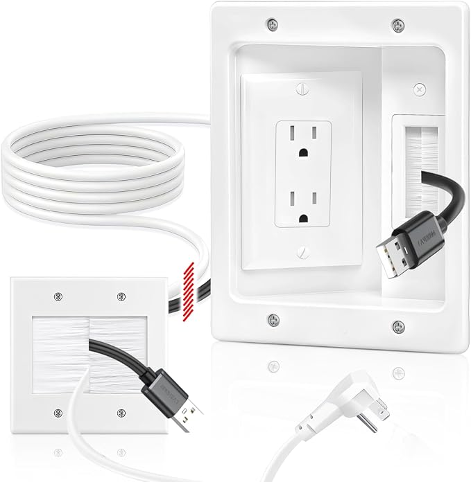 in Wall Cable Management Kit with Recessed Tv Outlet Box-Two-Hole Socket, 9ft Cord,Tv Cable Hider Wall Kit Hider Box Fits All Plugs, Easy, Safe Cable Management