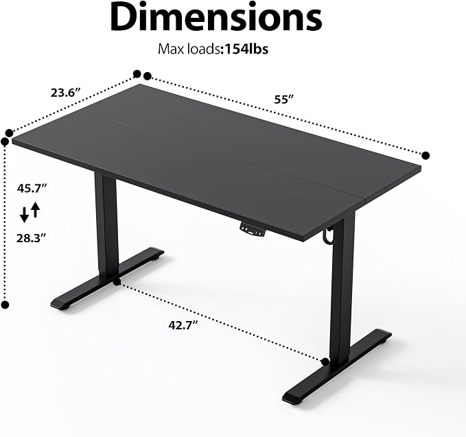 Agilestic Electric Standing Desk, 55 x 24 Inches Height Adjustable Desk, Sit Stand up Desk for Work Office Home, Splice Board, Black