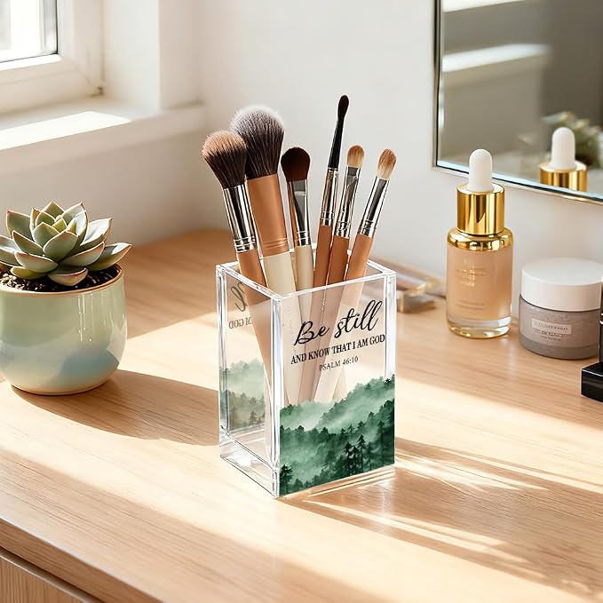 Be Still And Know That I Am God Acrylic Pencil Holder Cup, Christian Pen Holder for Desk, Christian Gifts for Women Girls, Bible Verses Clear Cosmetic Holder for Home Office Desk Accessories
