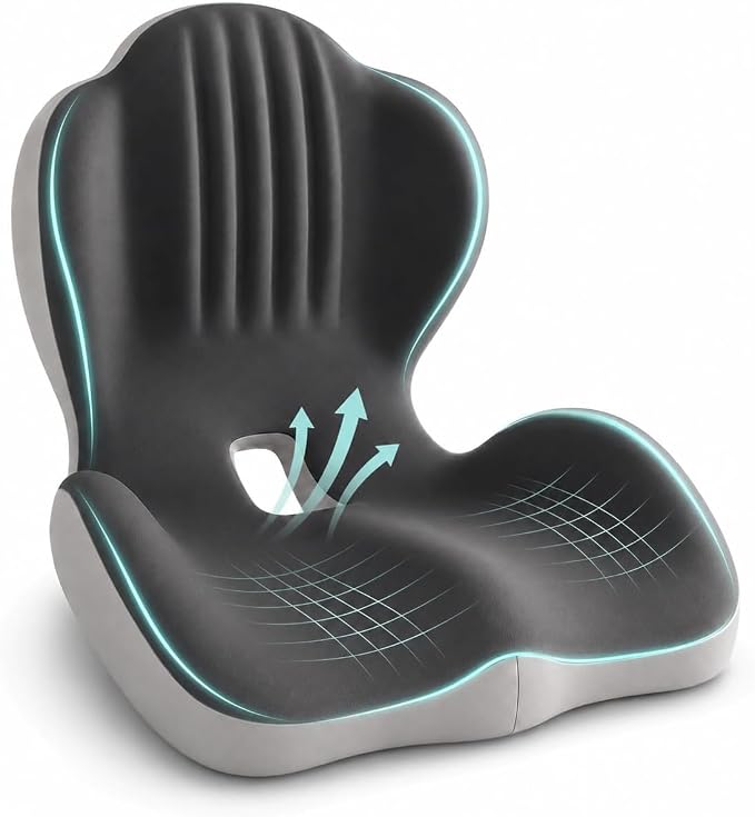 Saker Ergonomic Memory Foam Seat Cushion with Back Support, 2-in-1 Coccyx Cutout Chair Pad for Office, Car, Gaming Chair and Wheelchair, Contoured Lumbar Support for Long Sitting，Black