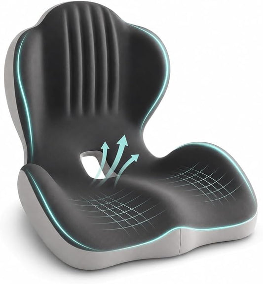 Saker Ergonomic Memory Foam Seat Cushion with Back Support, 2-in-1 Coccyx Cutout Chair Pad for Office, Car, Gaming Chair and Wheelchair, Contoured Lumbar Support for Long Sitting，Black