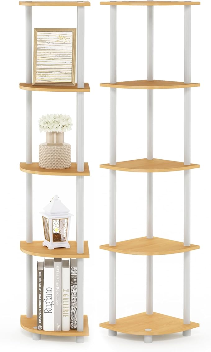Furinno Turn-N-Tube Corner Shelf Set of 2, 5-Tier Corner Bookshelf, Open Storage Shelves, for Organization and Storage, Living Room, Home Office, Garage, Beech