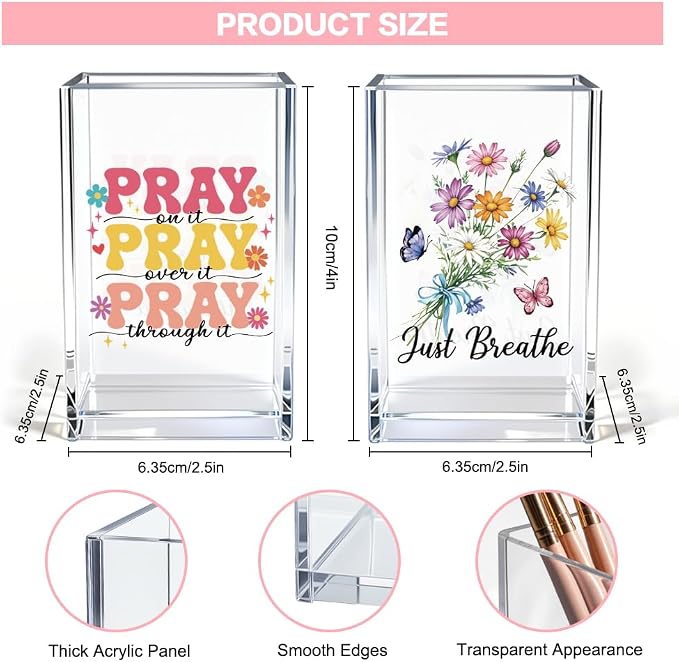 Just breathe 2 Pack Acrylic Cosmetic Pencil Pen Holder Cup, Hope Inspirational Makeup Brush Organizer Holder, Women Faith Gifts, Christian Encouragement Gifts for Women Mom Daughter Teacher