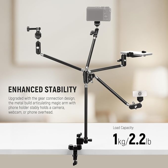 NEEWER 30" Articulating Magic Arm with Desk Super Clamp/Action Cam Mount/Phone Holder, Overhead Camera Mic Boom Stand, Compatible with GoPro iPhone DSLR Webcam Microphone Video Recording, UA056