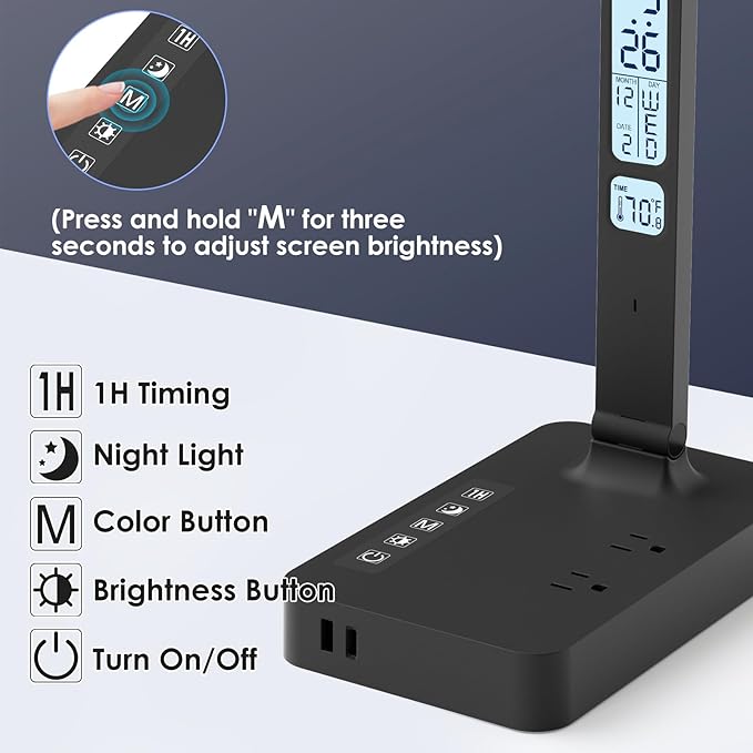 Power Strip with LED Desk Lamp: 2 Outlets 1 USB-A Ports 1 Type-C Ports 5 Modes & Color. Touch Small Desk Lamp for Home Office Bedroom Bedside, Study Reading Light, Dorm Room Essentials