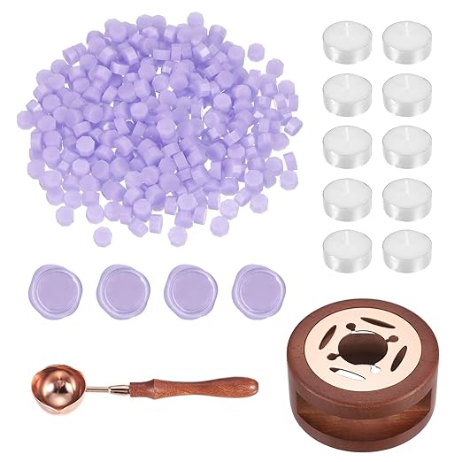 PATIKIL Wax Seal Kit, 300 Pcs Wax Sealing Beads, Wooden Warmer, Melted Spoon, 10 Pcs Tealight Candles for Envelope Letter Mailing Crafts DIY, Clear Purple