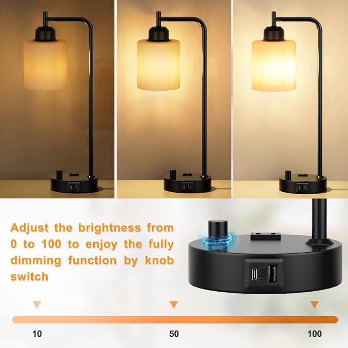 Industrial Bedroom Table Lamps for Bedside - White Opal Glass Shade Desk Lamps with USB C Port, Fully Dimmable Black Lamps with USB Port and Outlet, Reading Nightstand Lamp for Office Living Room