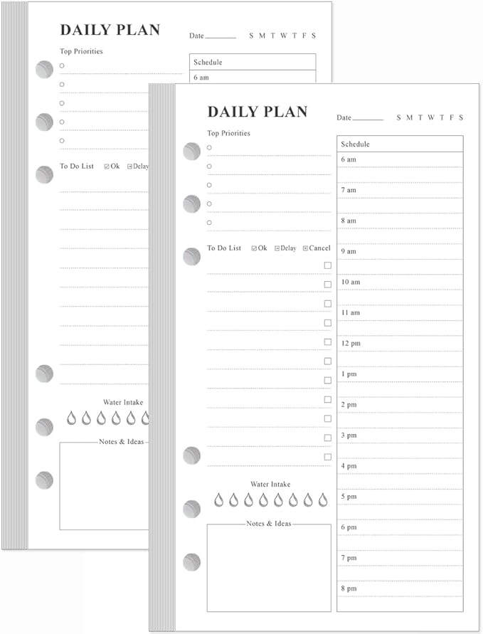 (2-Pack) A6 Undated Daily Planner Refill - To Do List for Filofax Personal Binders, 160 Sheets/320 Pages Planner and Lined Refill, 6-Hole Punched, 3.75" x 6.75"